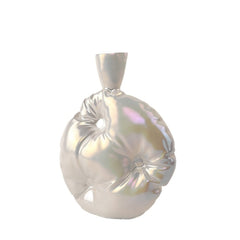 A silver ceramic vase with a handcrafted appearance, featuring a rounded body with indented texture and a narrow neck.