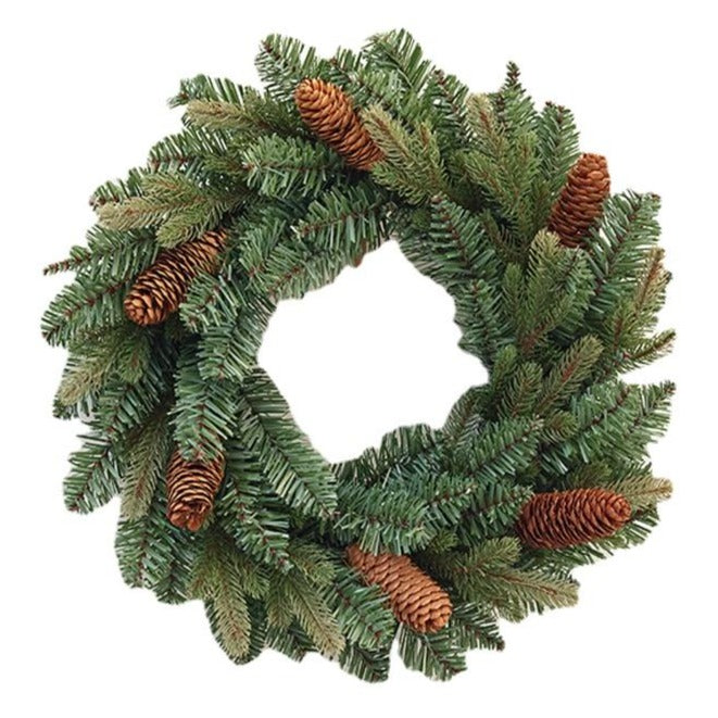 A round Christmas wreath made of green PVC with brown pine cones and brown berries on a white background.