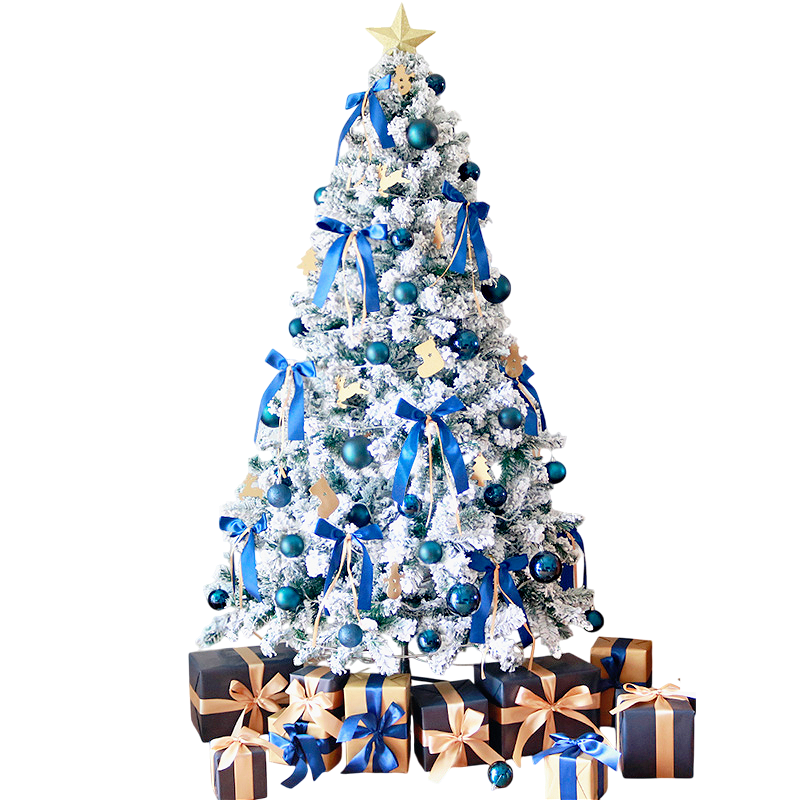 Decorated Christmas tree with blue ribbons and ornaments, surrounded by presents on a white background.