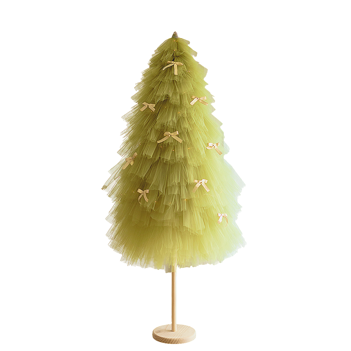 Decorative green tulle tree with ribbons on a white background