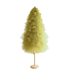 Decorative green tulle tree with ribbons on a white background
