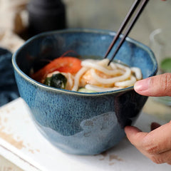 Letifly Lights & Decor - The Indigo Ridge Bowl - Handmade Japanese-inspired ceramic bowl with reactive blue glaze for ramen, salads, soups, and everyday dining