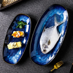Japanese Kiln Glazed Blue Long Plate Household Steamed Fish Plate Large Dish Color Creative Sushi Plate-Letifly Lights and Decor