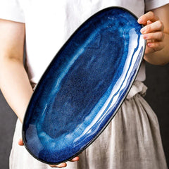 Japanese Kiln Glazed Blue Long Plate Household Steamed Fish Plate Large Dish Color Creative Sushi Plate-Letifly Lights and Decor