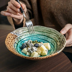 Letifly Lights & Decor - Kairo Ripple Glaze Serving Bowl - Japanese-inspired ceramic serving bowl with ice crackle glaze finish and blue ripple design