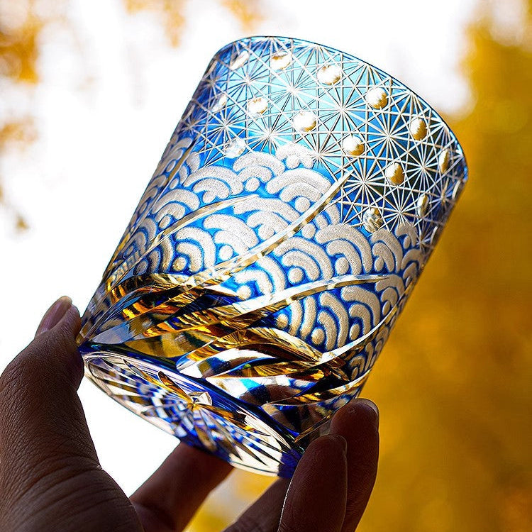GOGLASSCUP Edo Kiriko Waves and Starry Sky Whiskey Glass GoGlassCup