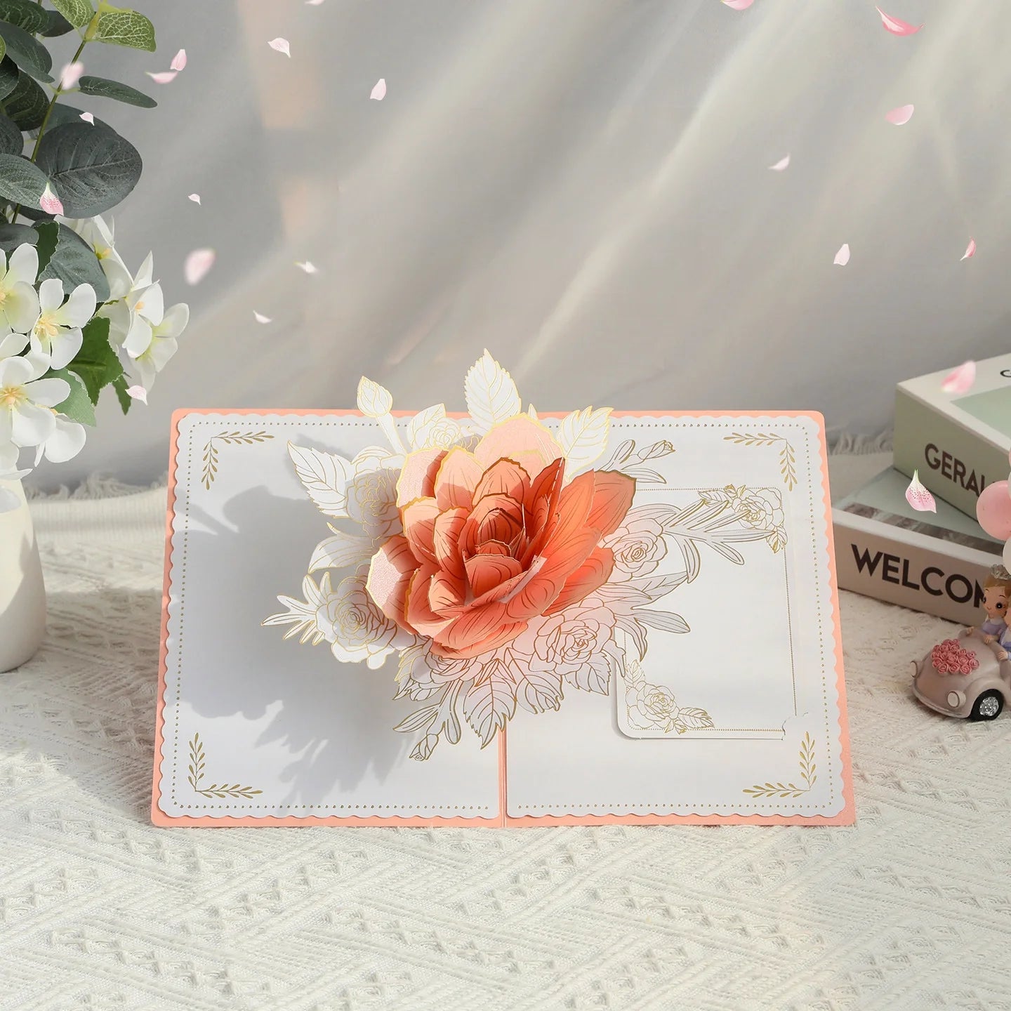 Light pink 3D pop-up rose paper art greeting card by TRLab Shop featuring intricate floral design and layered paper craftsmanship.