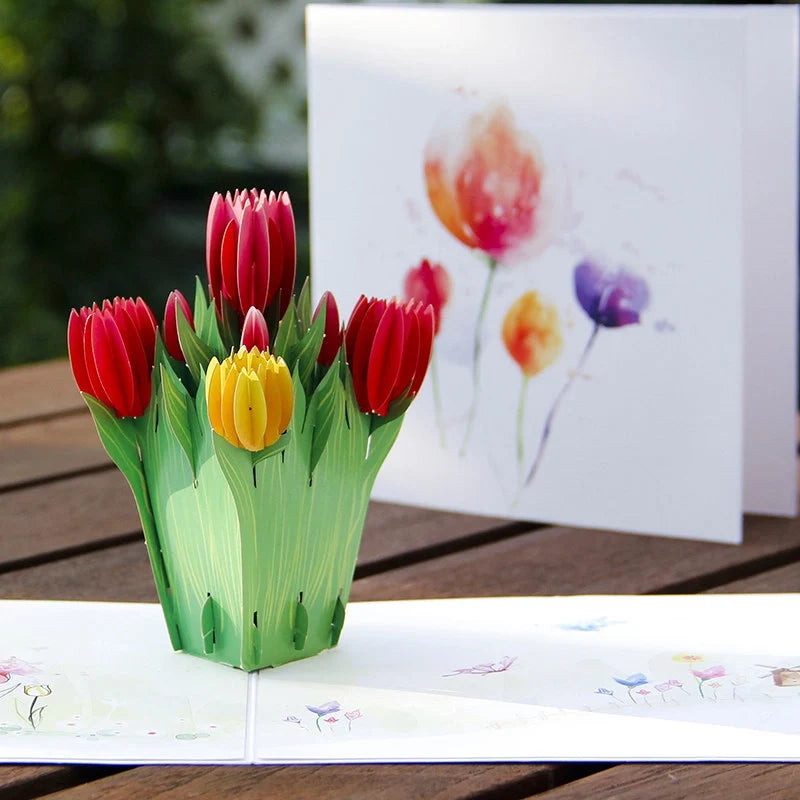 Tulip 3D pop-up paper art greeting card by TRLab Shop featuring intricate tulip design and colorful floral details.