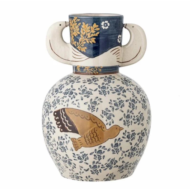 Dove ceramic vase with twin handles, white finish, decorative floral design, ideal for home decor or flower arrangements.