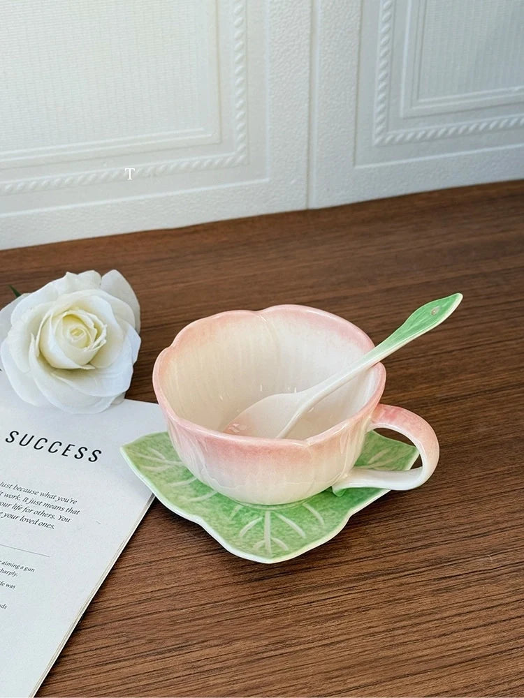 Ceramic Pink Begonia Cup & Saucer Set And Spoon - TRLab Shop
