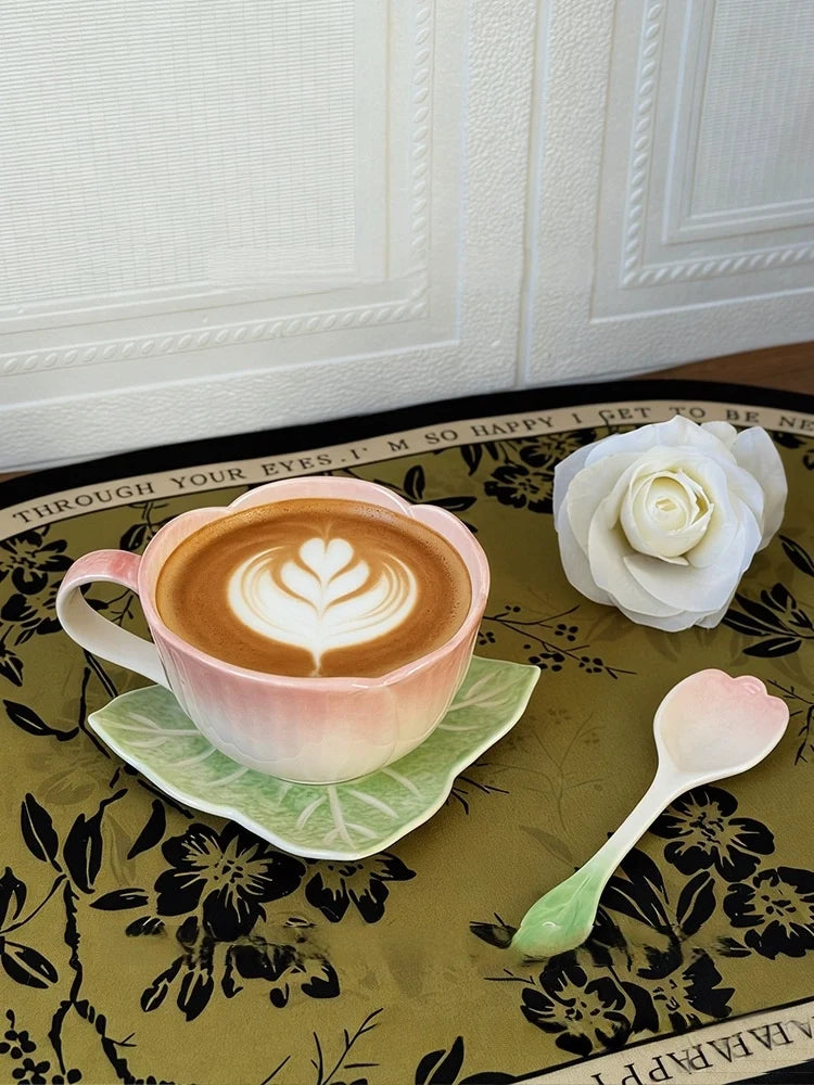 Ceramic Pink Begonia Cup & Saucer Set And Spoon - TRLab Shop
