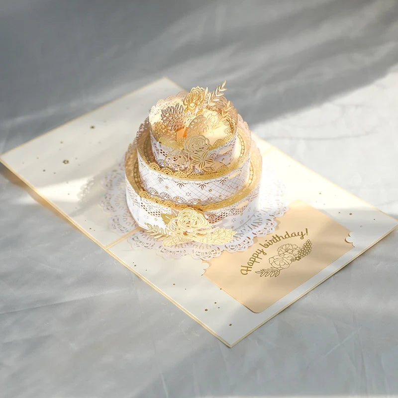 3D pop-up birthday cake paper art greeting card by TRLab Shop showcasing colorful layered cake design inside a festive card