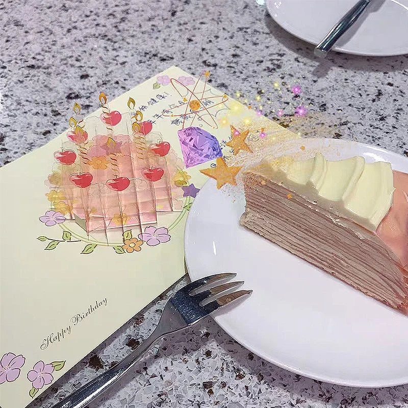 Acrylic birthday cake 3D pop-up paper art greeting card with colorful layered cake design and festive embellishments.
