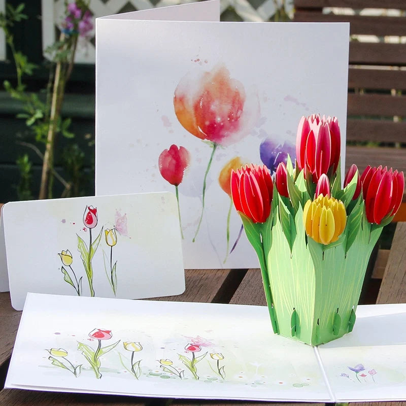 3D tulip pop-up paper art greeting card by TRLab Shop featuring vibrant, intricate paper tulips in full bloom.