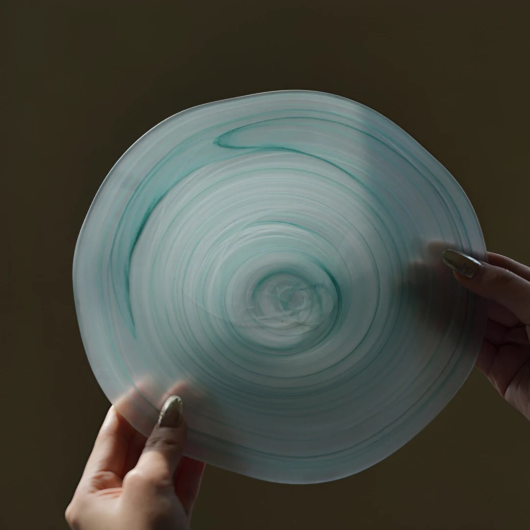 Teal wavy rim glass matte plate with elegant design, perfect for serving food or display, by TRLab Shop.