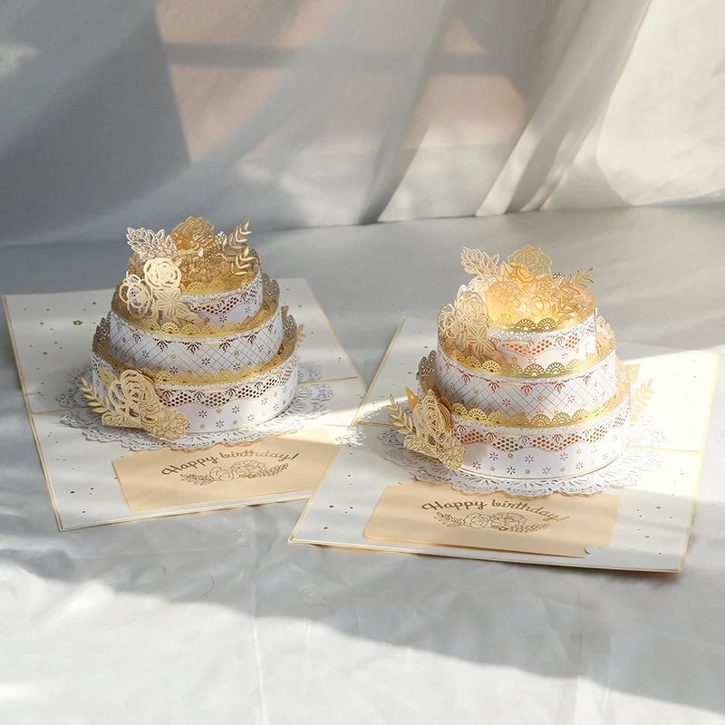 3D pop-up paper art birthday cake greeting card by TRLab Shop, featuring colorful layered cake design with festive decorations.