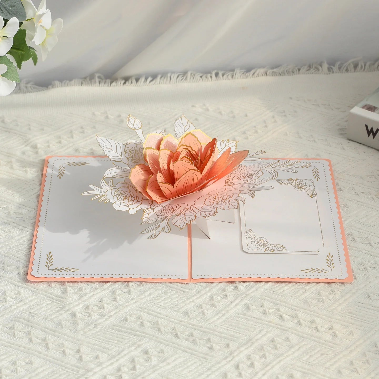 Rose 3D pop-up paper art greeting card by TRLab Shop featuring a detailed, colorful rose design with intricate paper crafting.