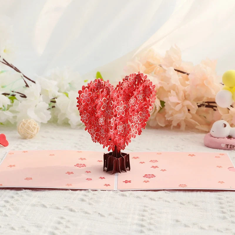 Love Heart Sakura 3D pop-up paper art greeting card by TRLab Shop featuring intricate cherry blossom and heart designs