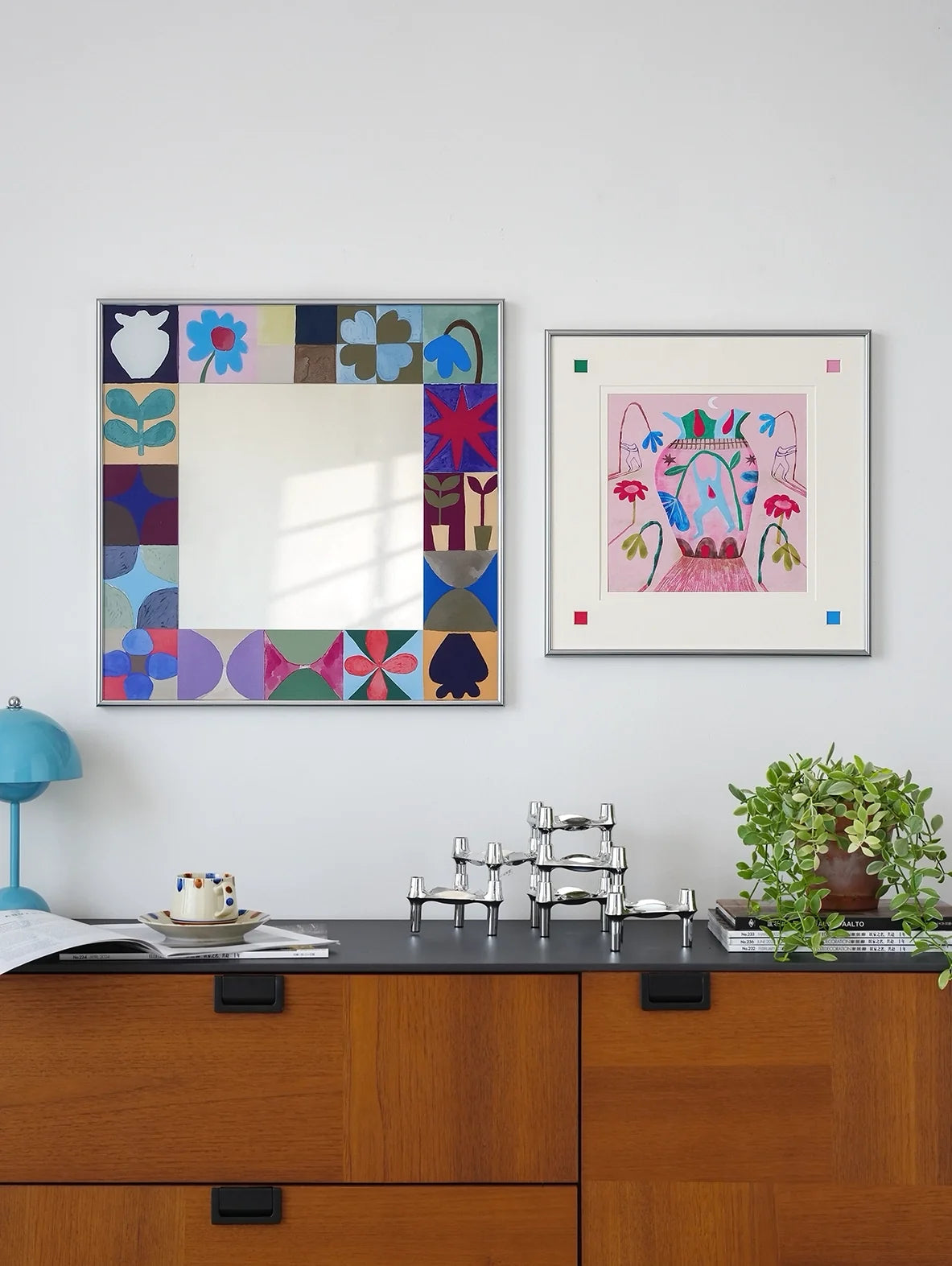 Celestial Moonlight Garden Mirror Wall Art by TRLab Shop featuring a round mirror with celestial moon and garden design.