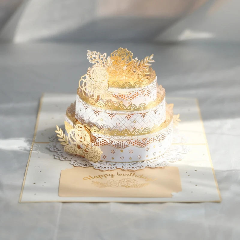 3D pop-up birthday cake paper art greeting card by TRLab Shop featuring vibrant, intricate paper craftsmanship and festive design.