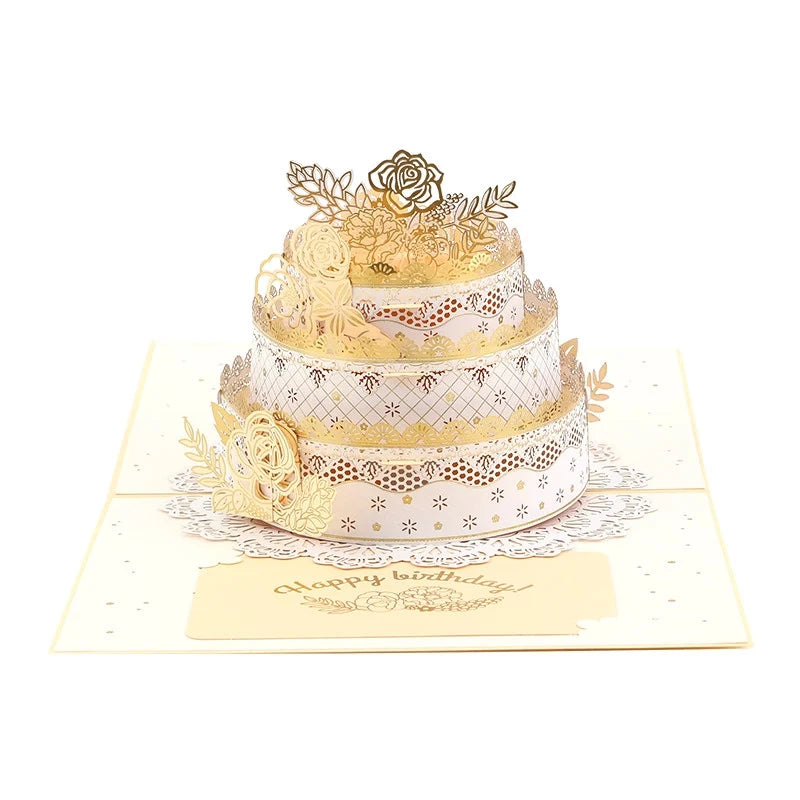 3D pop-up birthday cake paper art greeting card by TRLab Shop, featuring colorful layered cake and festive design.