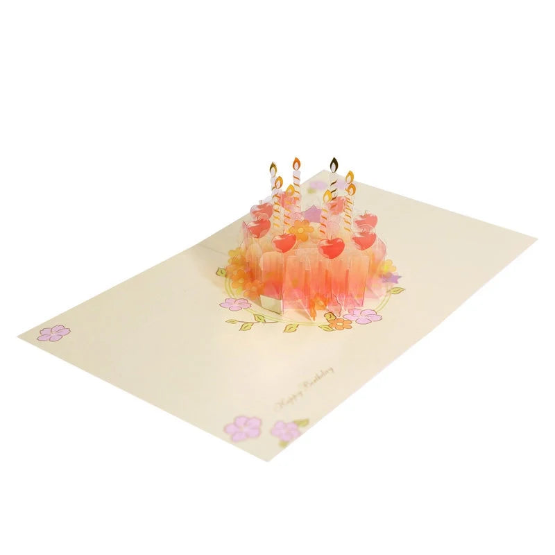 Acrylic birthday cake 3D pop-up paper art greeting card with colorful cake design and festive decorations.