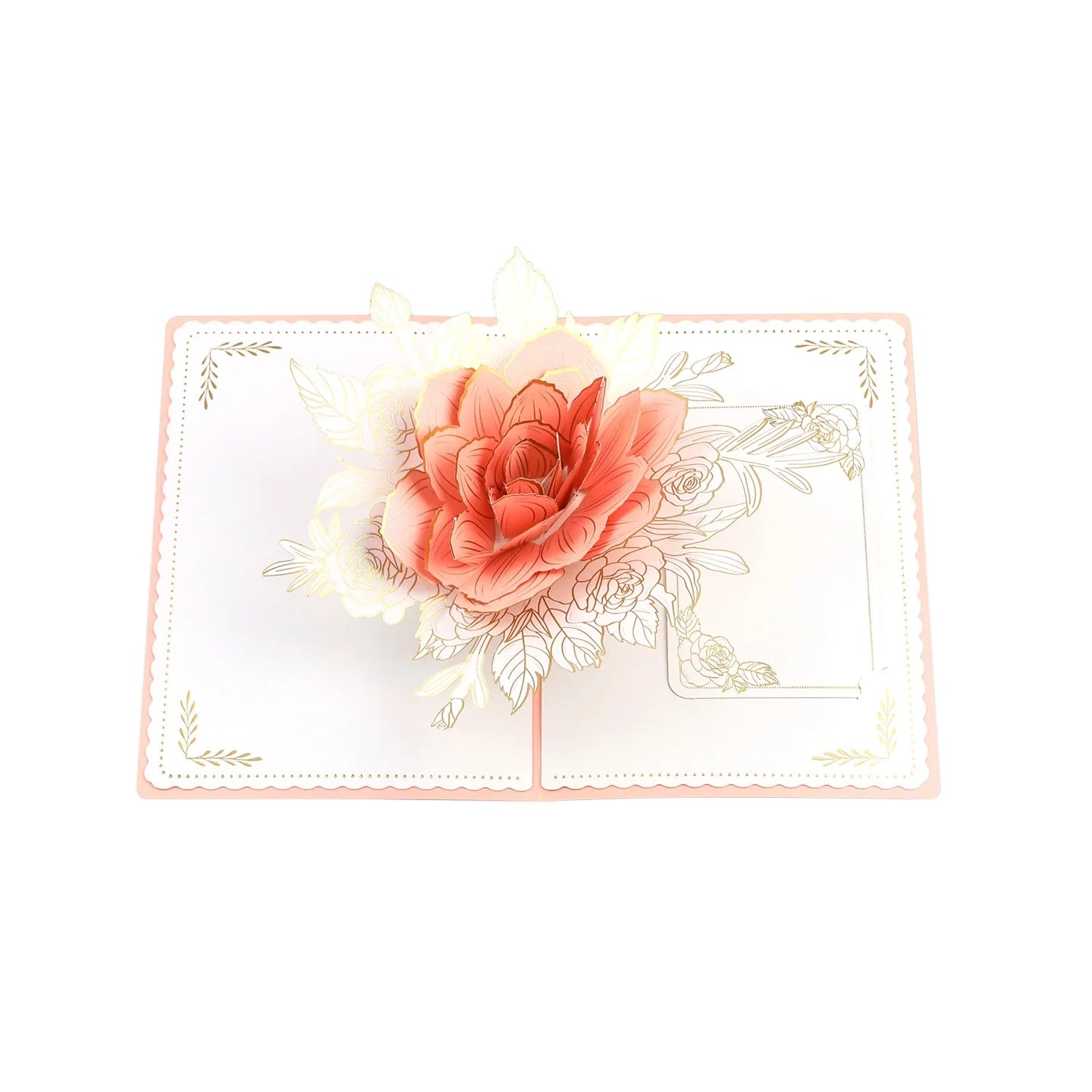 Rose 3D pop-up paper art greeting card by TRLab Shop featuring intricate paper rose design and vibrant colors.