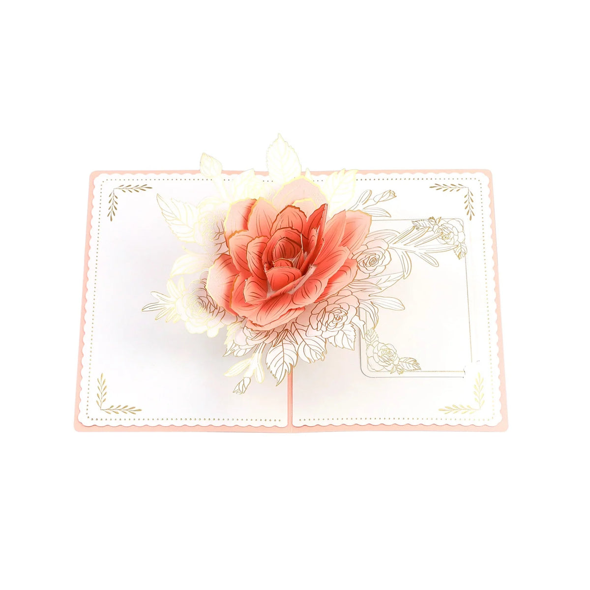 Rose 3D pop-up paper art greeting card by TRLab Shop featuring intricate paper rose design and vibrant colors.