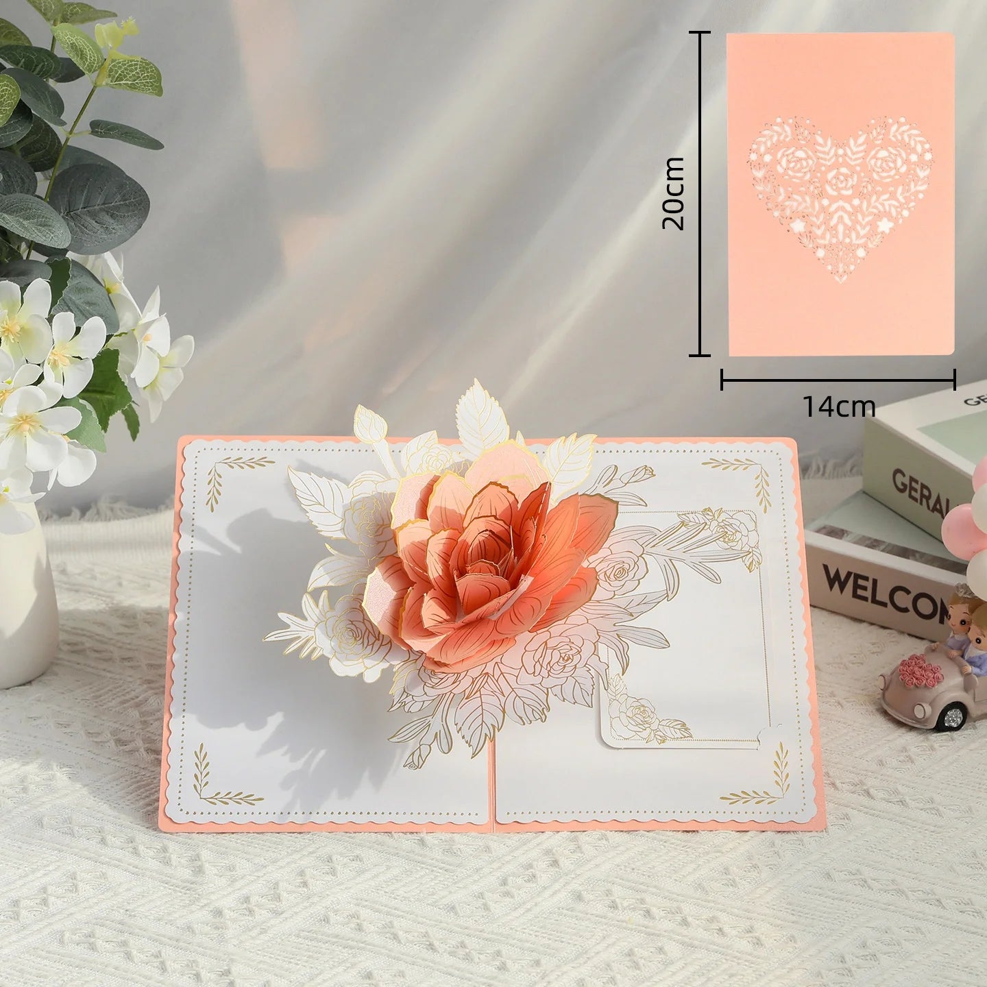 Rose 3D pop-up paper art greeting card by TRLab Shop, featuring intricate paper craft with a vibrant rose design.