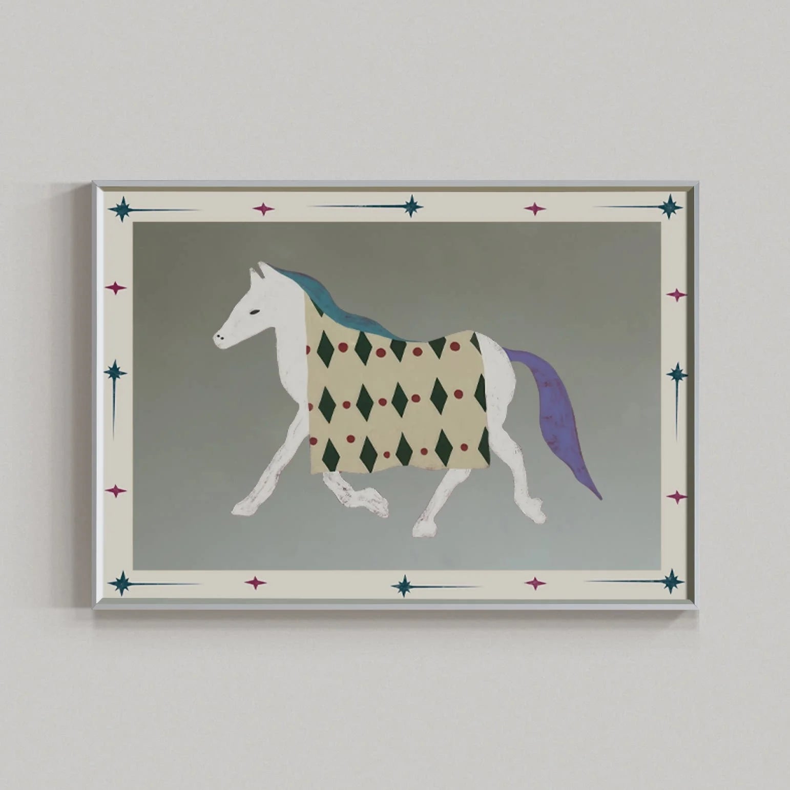 Bauhaus-style pony mirror wall art featuring a sleek, minimalist horse design in black on a neutral background, mounted on a wall.