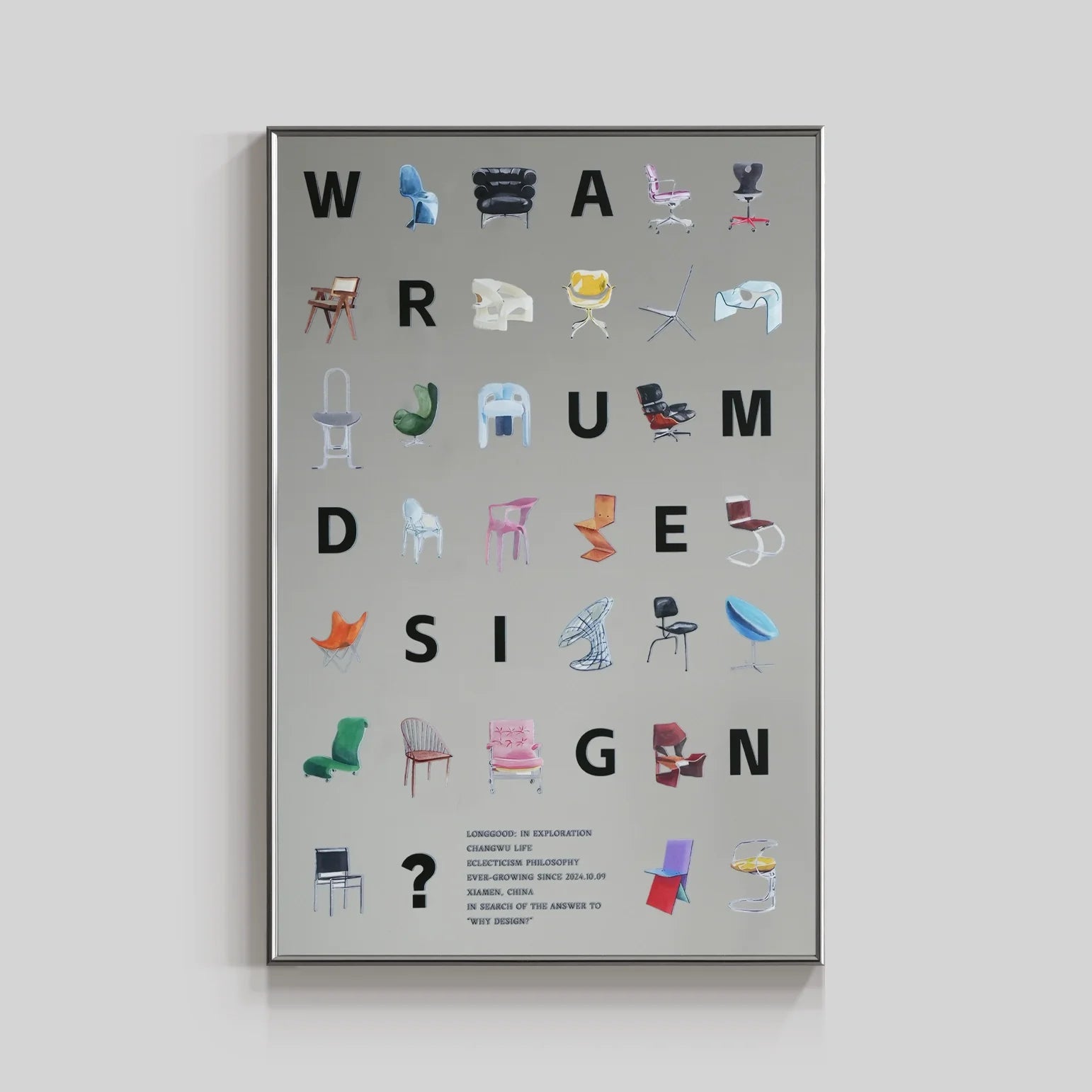 Modern wall art featuring a history of chair design illustration, suitable for stylish home or office decor.