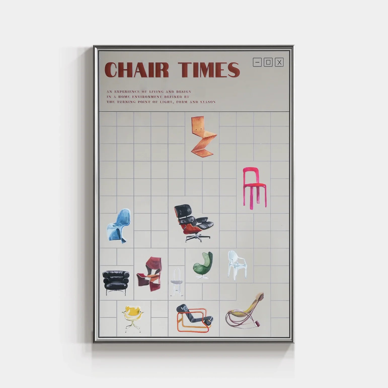 Modern wall art featuring a history of chair design illustration, suitable for stylish interior decor, by TRLab Shop.