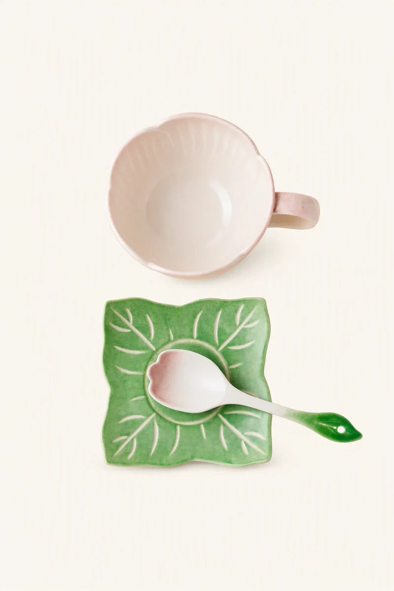 Ceramic pink begonia cup and saucer set with matching spoon, elegant pink floral drinkware by TRLab Shop.