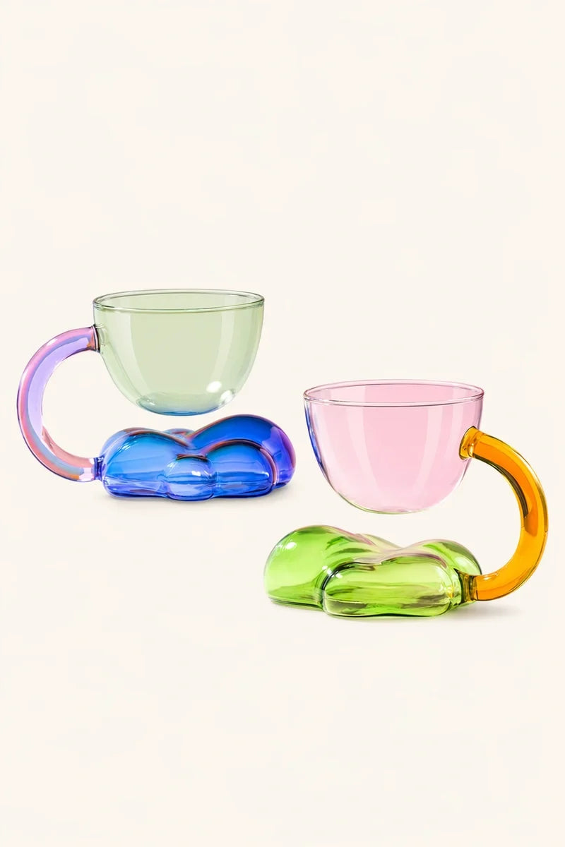 Floating Cloud Glass Coffee Cup by TRLab Shop, transparent glass cup with cloud-shaped design for hot beverages.