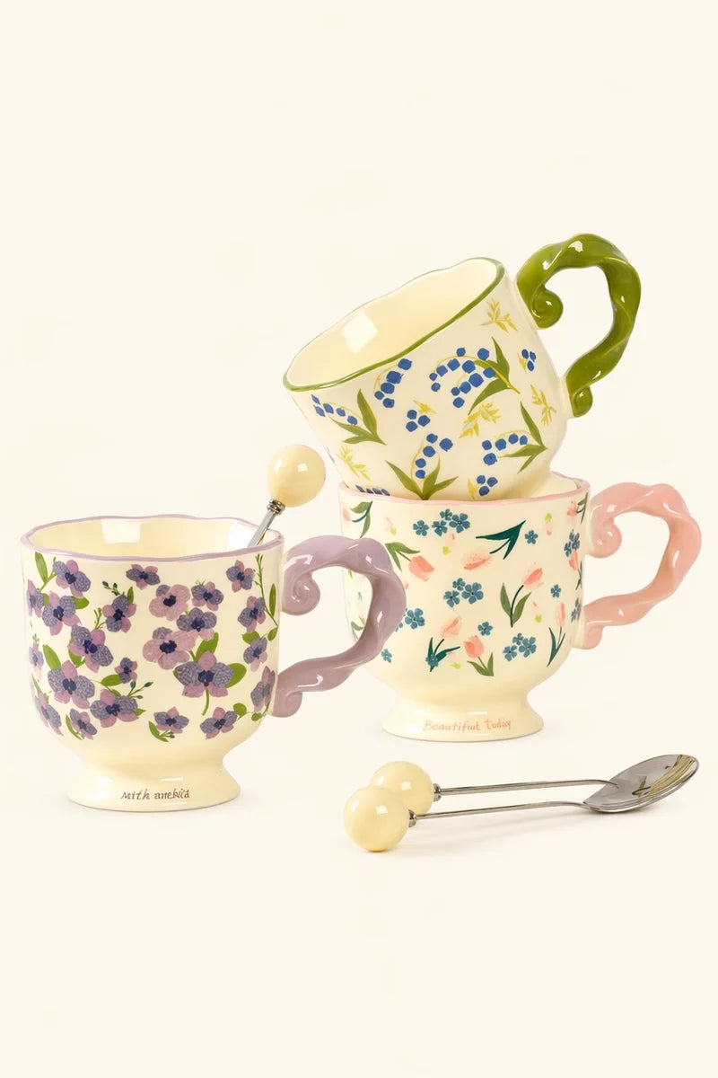 Ceramic mug with floral design and twisted handle, stylish and functional coffee cup from TRLab Shop