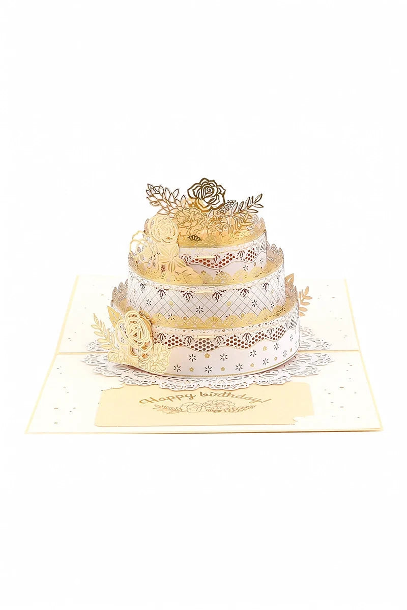 3D pop-up birthday cake paper art greeting card by TRLab Shop, featuring colorful layered cake design with decorative elements.