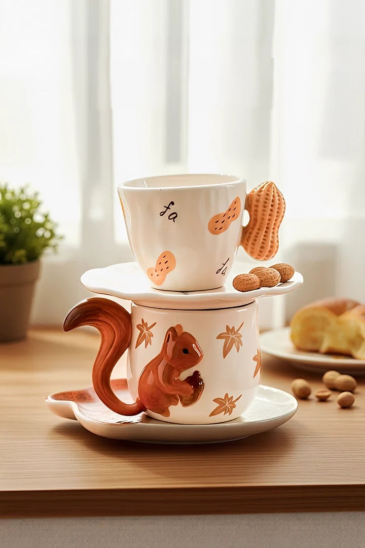 Ceramic squirrel coffee cup with matching saucer from TRLab Shop, featuring detailed squirrel design, perfect for hot beverages.