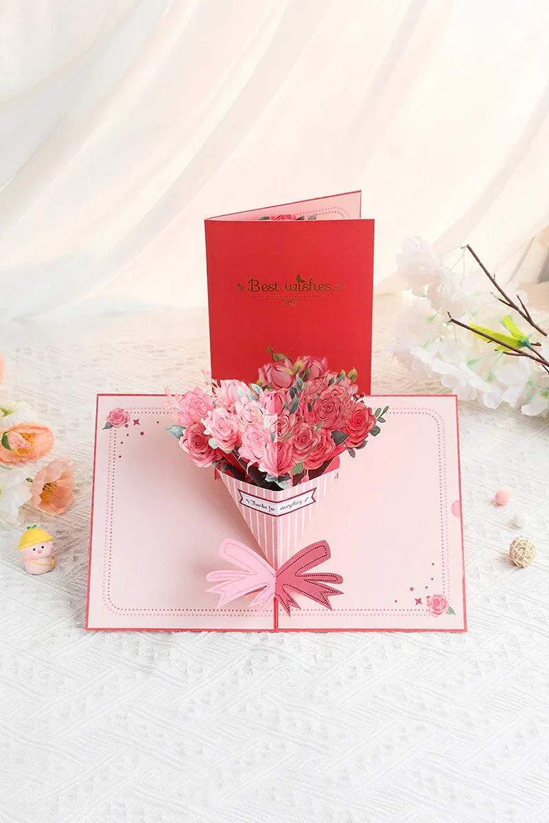 3D pop-up paper art greeting card featuring a detailed rose bouquet design, crafted by TRLab Shop for special occasions.