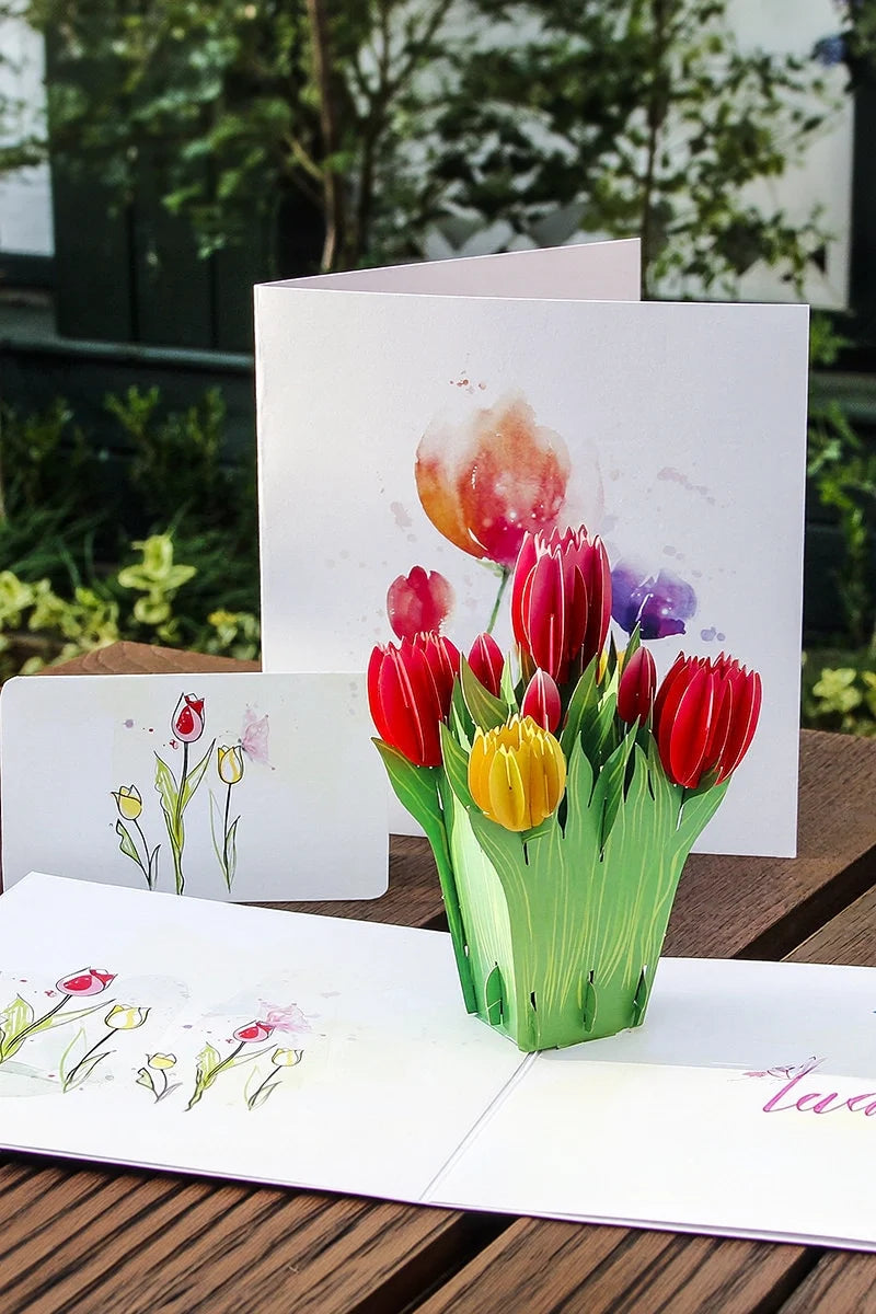 3D tulip pop-up paper art greeting card by TRLab Shop featuring intricate floral design and vibrant colors