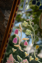 Floral solid wood framed mirror wall art with a natural wood finish, featuring a botanical floral design for wall decoration.