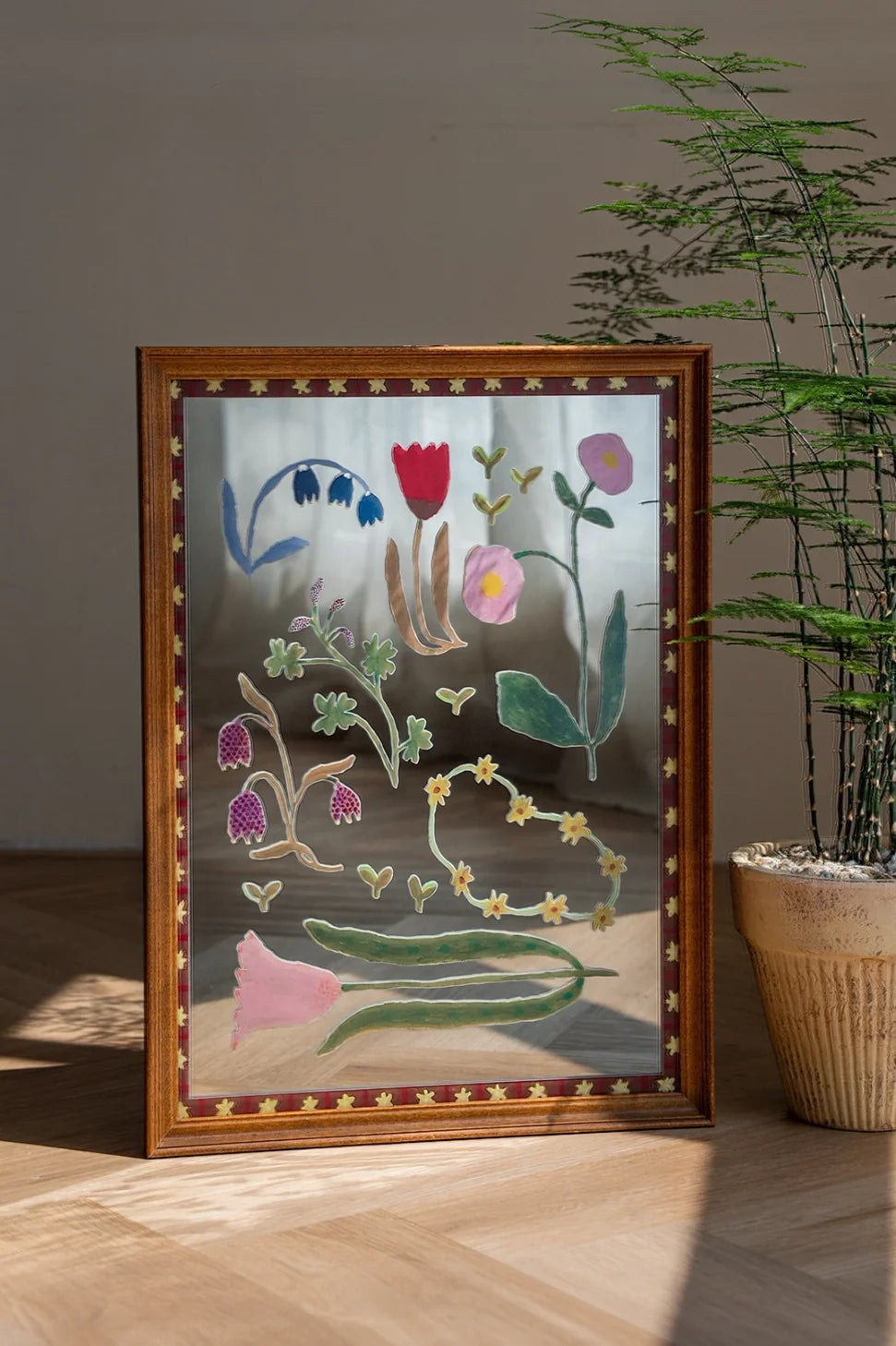Floral solid wood framed mirror wall art with intricate floral design, perfect for decorative wall accents by TRLab Shop