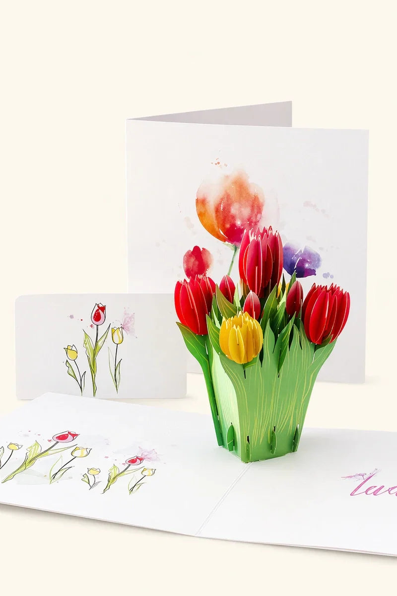 Tulip 3D pop-up paper art greeting card by TRLab Shop featuring a colorful, detailed tulip flower design.